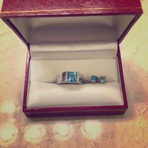 Genuine blue topaz 14k white gold ring & earrings